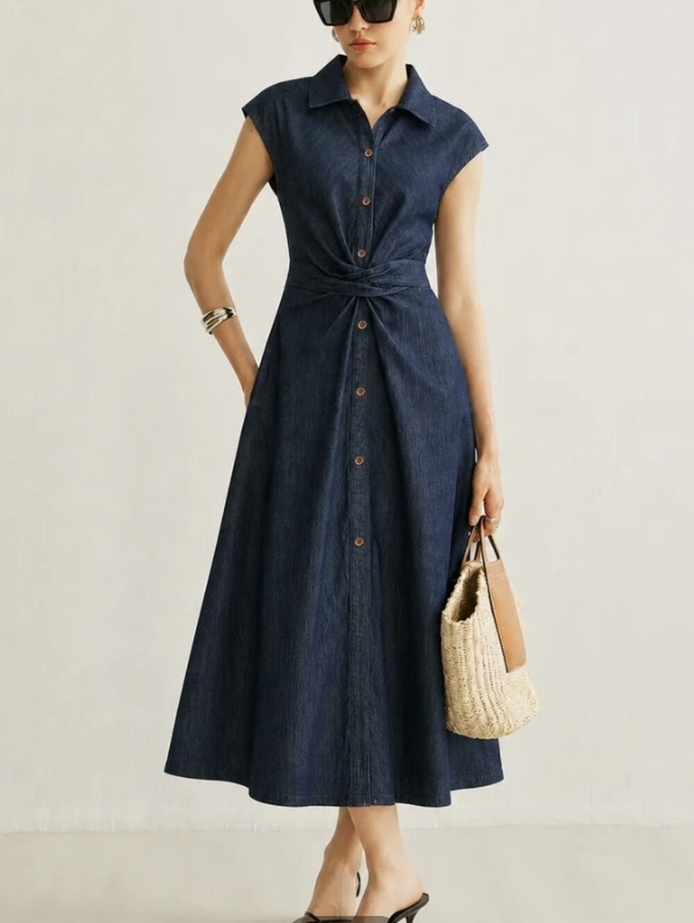 Commense Denium Dress Midi Sleeveless Twist Tie Belted S
